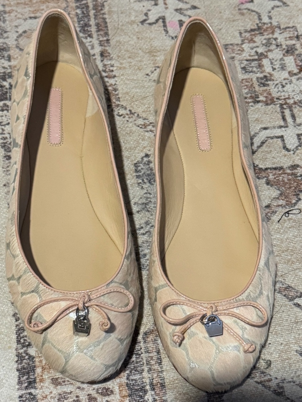 LONGCHAMP Women’s Pink /Silver Patterned Ballet Flats with Bow